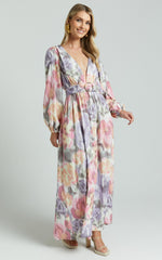 Amalie The Label - Lily Linen Blend V Neck Long Puff Sleeve Tie Back Maxi Dress in Montreuil Print